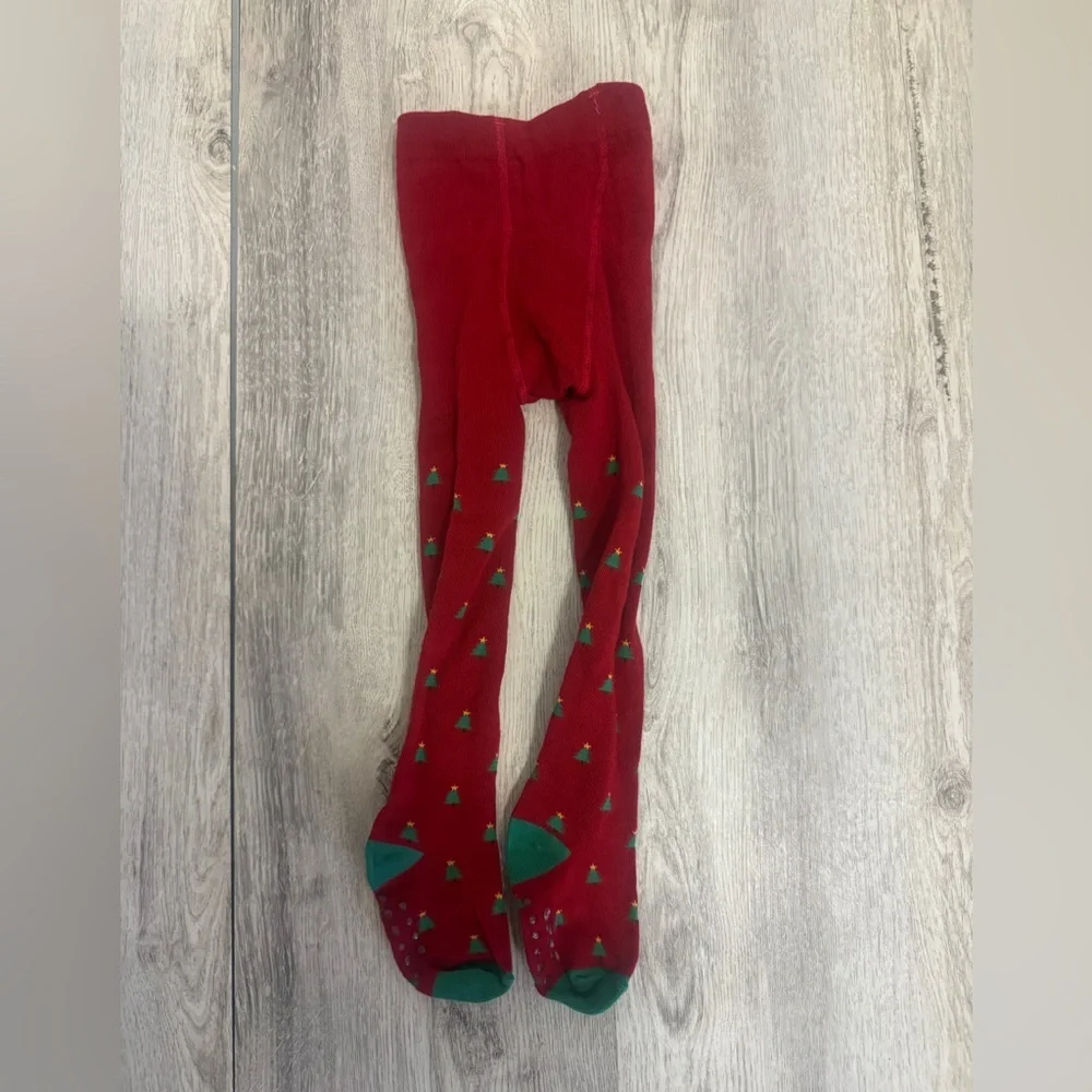 Gymboree Festive Red Tights with Green Tree Accents